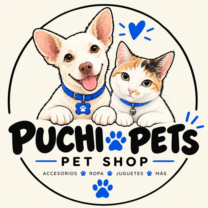 Logo de Puchi Pets: Milo, un perrito blanco, y Puchi, una gatita tricolor, con collares azules